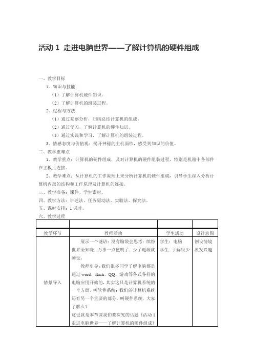 活动1 走进电脑世界教案