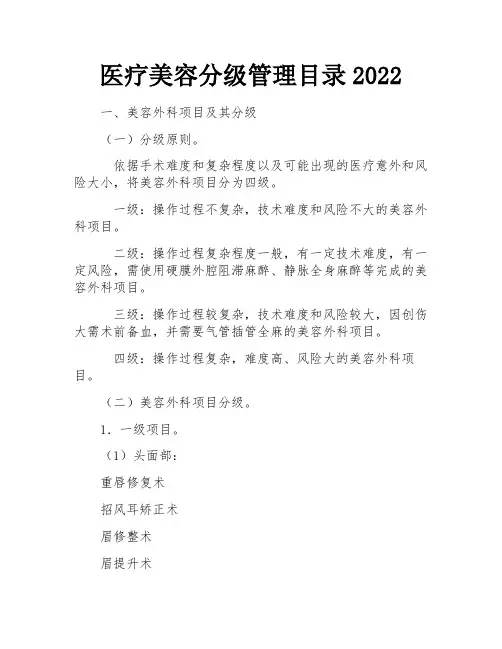 医疗美容分级管理目录2022