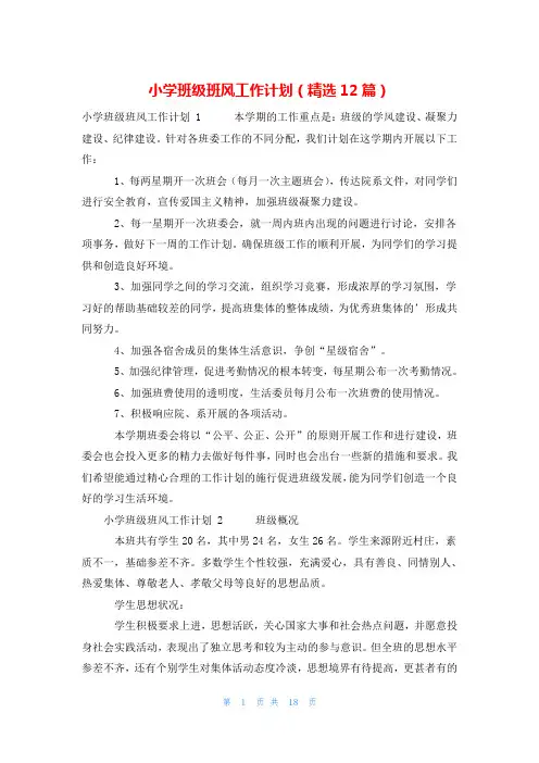 小学班级班风工作计划(精选12篇)
