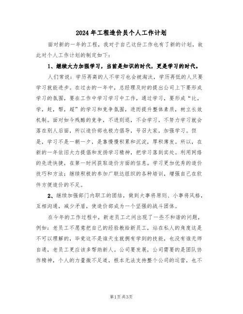 2024年工程造价员个人工作计划(二篇)