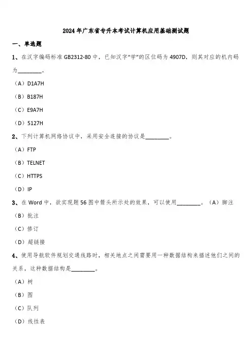 2024年广东省专升本考试计算机应用基础测试题含解析