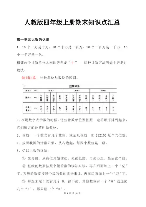 人教版小学四年级上册数学期末知识点汇总
