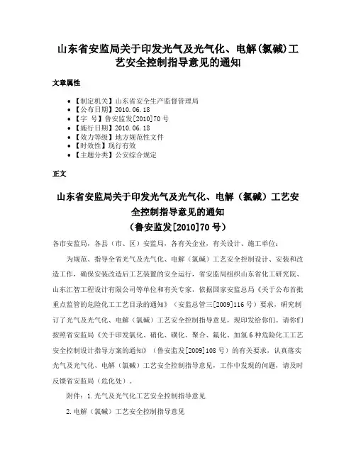山东省安监局关于印发光气及光气化、电解(氯碱)工艺安全控制指导意见的通知