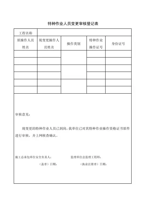 特种作业人员变更审核登记表