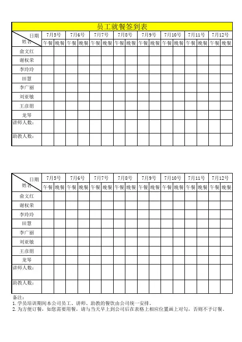员工就餐签到表