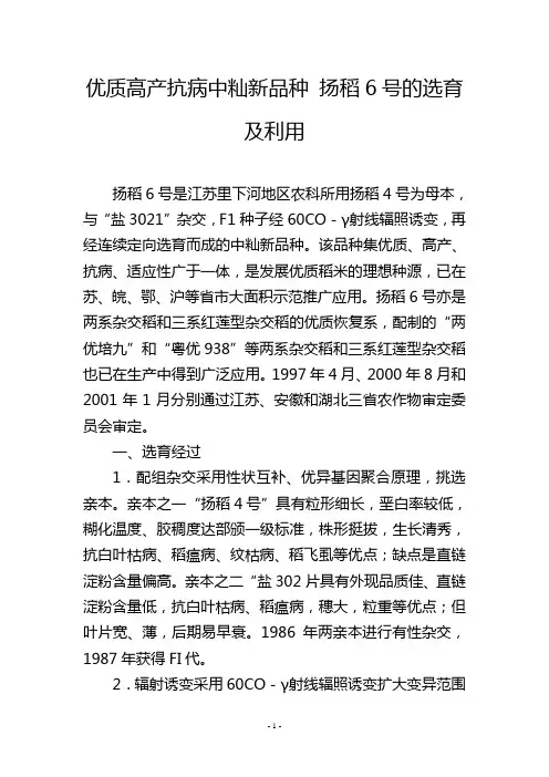 优质高产抗病中籼新品种 扬稻6号的选育及利用