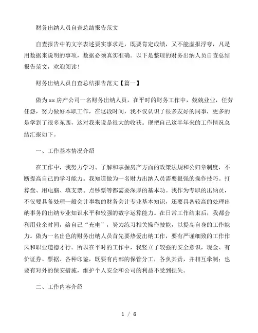 财务出纳人员自查总结报告范文