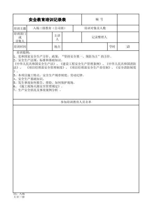 三级安全教育记录表(进场)