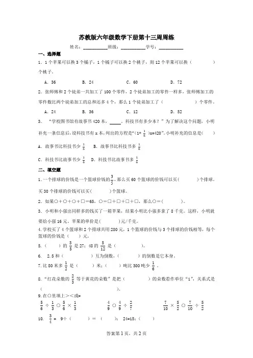 苏教版六年级数学下册第十三周周练