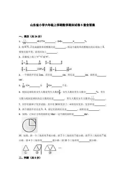 山东省小学六年级上学期数学期末试卷5套含答案解析5篇