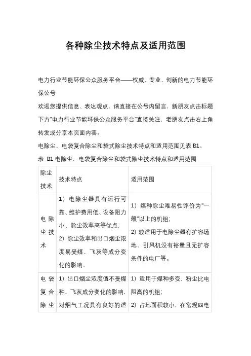 各种除尘技术特点及适用范围