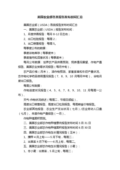 美国农业部各类报告发布时间汇总