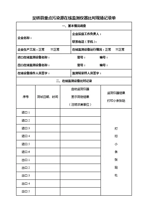 在线监测仪器季度性比对现场记录单
