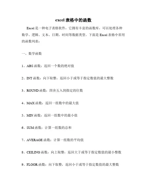 excel表格中的函数