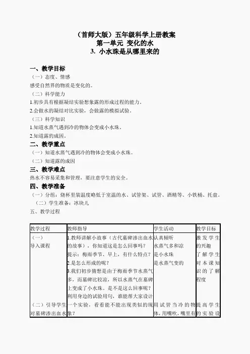 首师大小学科学五上《3.小水珠是从哪里来的》word教案(1)