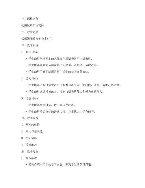 教案模板大学汉语国际教育