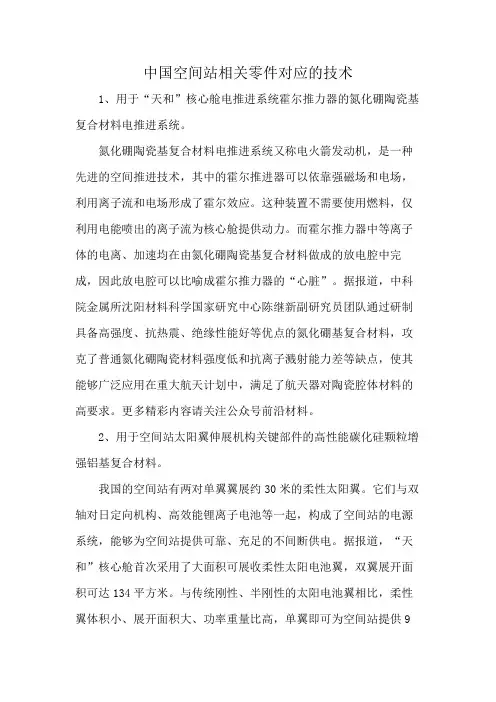 中国空间站相关零件对应的技术