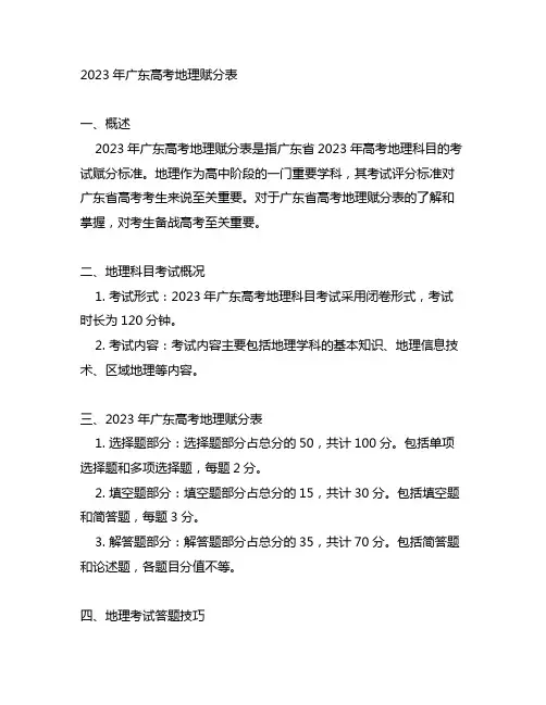 2023年广东高考地理赋分表