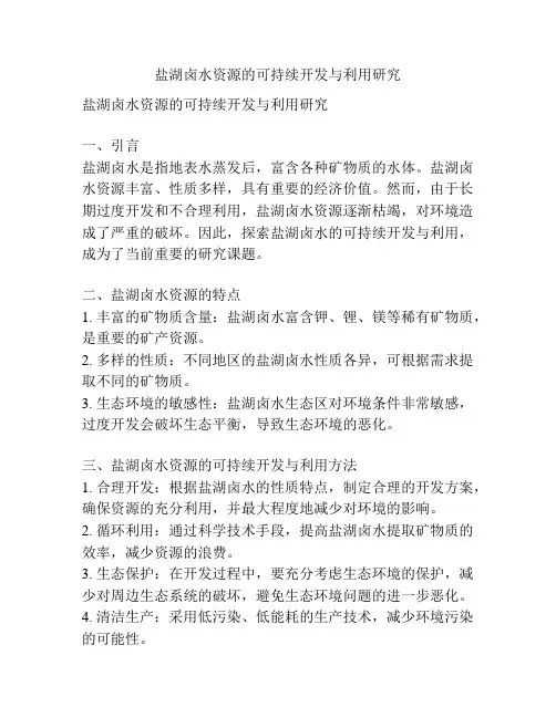 盐湖卤水资源的可持续开发与利用研究