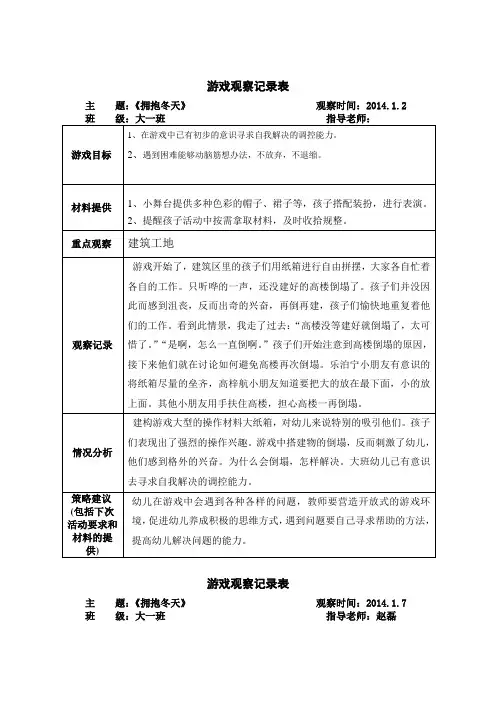 幼儿园游戏观察记录表1月