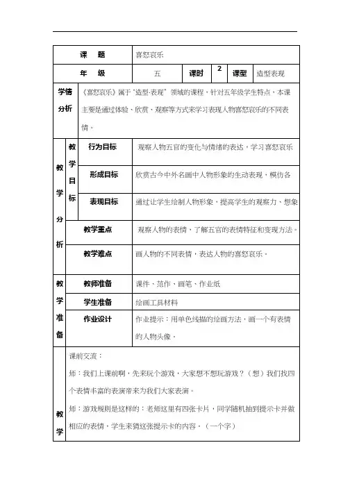 小学美术《喜怒哀乐1(1)》优质课教案、教学设计