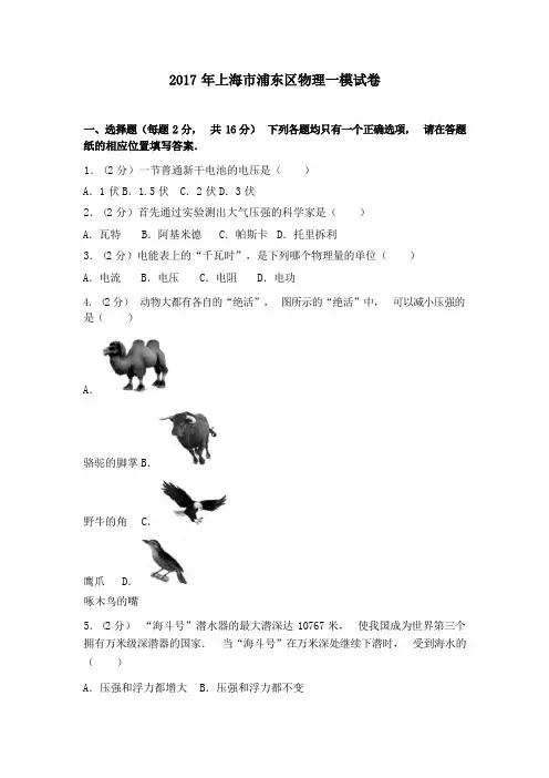 上海市2017年浦东区初三中考物理一模卷带答案