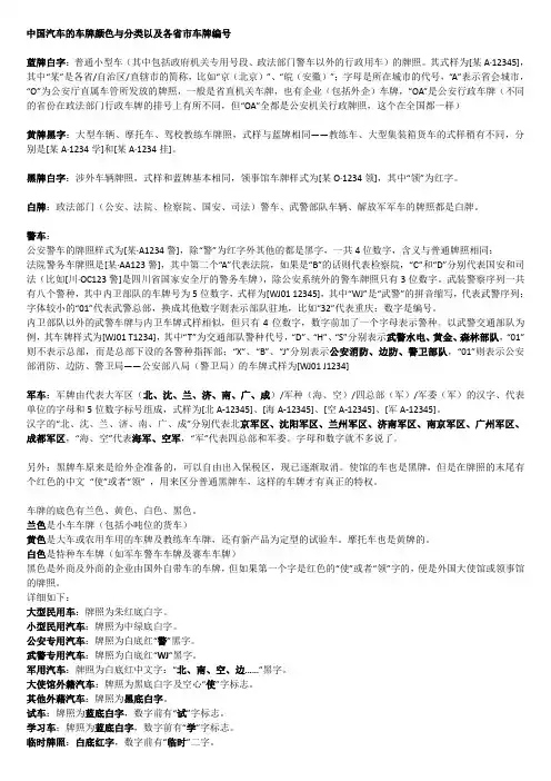 中国汽车的车牌颜色与分类以及各省市车牌编号