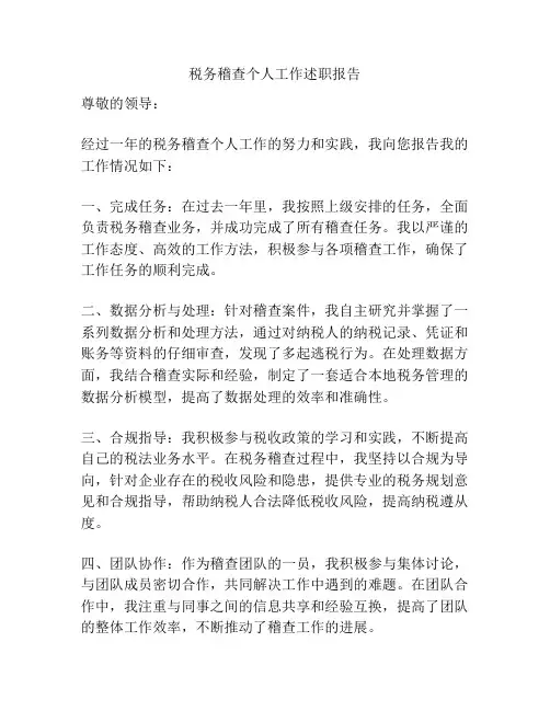 税务稽查个人工作述职报告