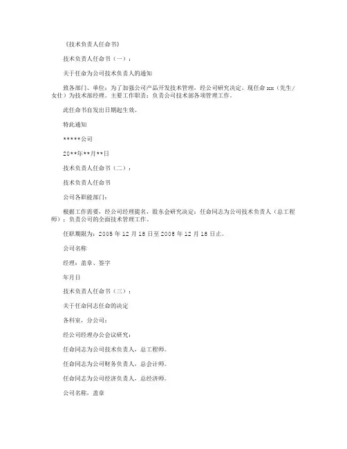 技术负责人任命书(范本12则)