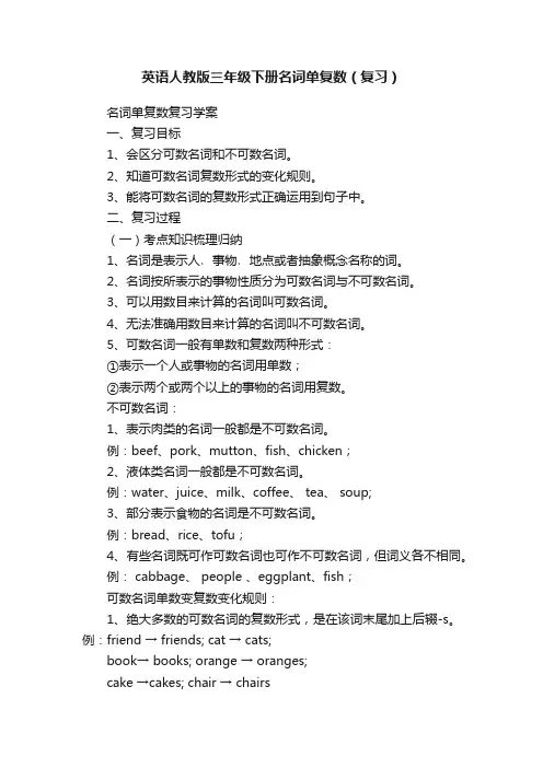 英语人教版三年级下册名词单复数（复习）
