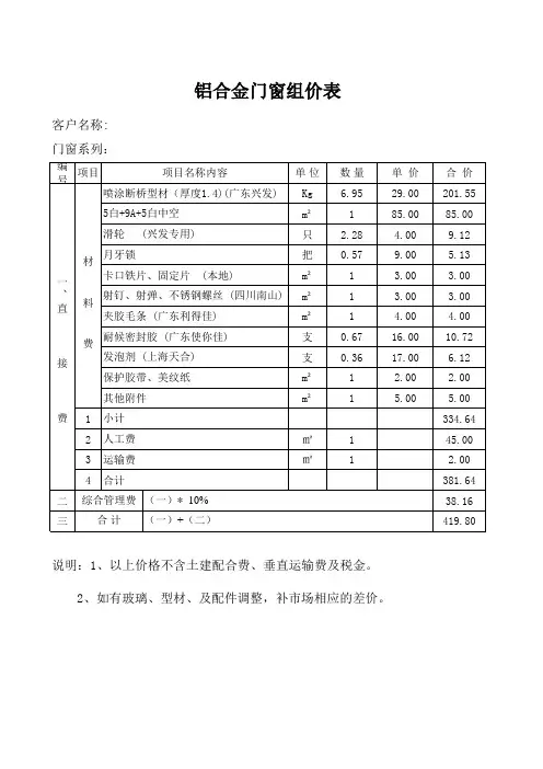 铝合金门窗报价表--