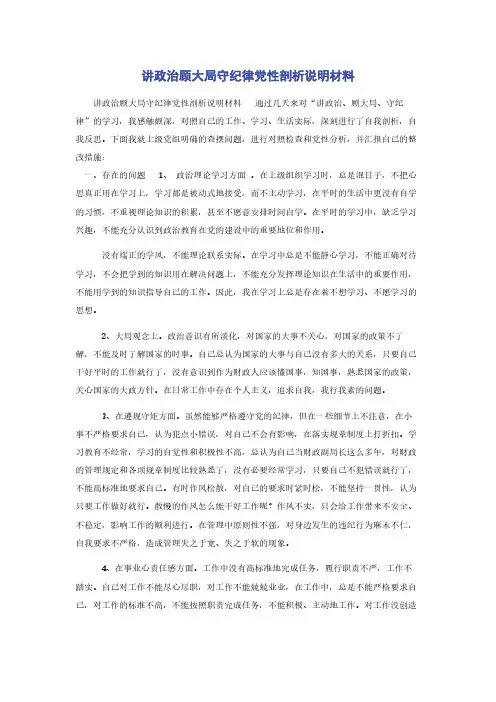 讲政治顾大局守纪律党性剖析说明材料