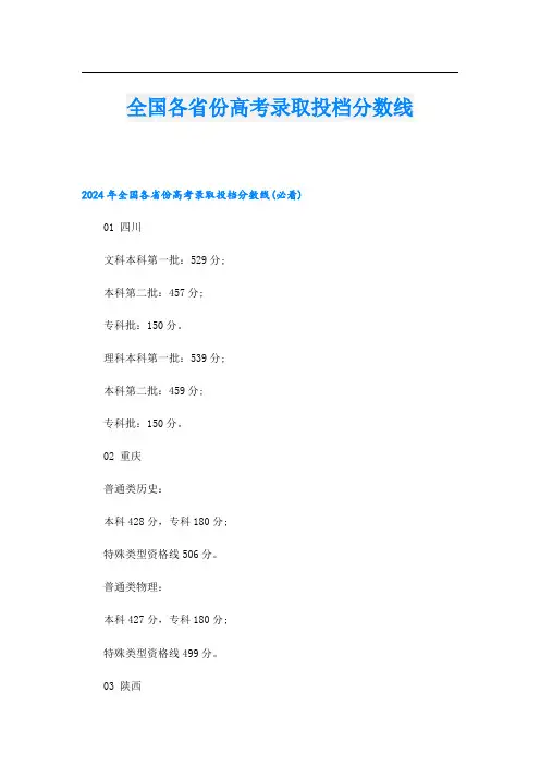 全国各省份高考录取投档分数线
