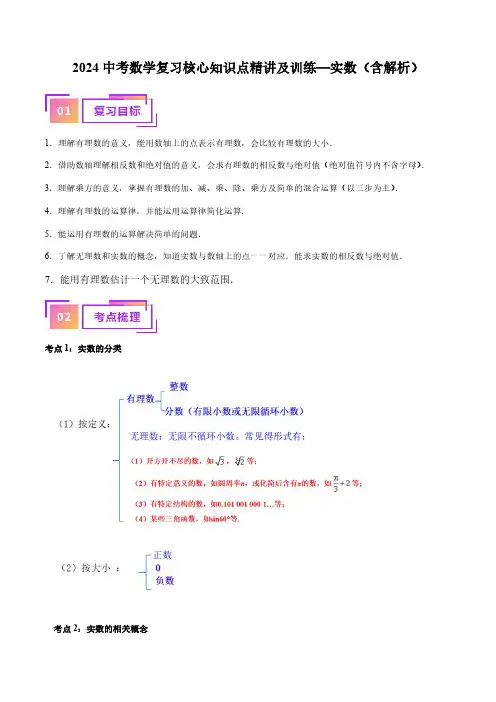2024中考数学复习核心知识点精讲及训练—实数(含解析)