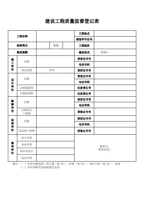 建设工程质量监督、安全监督登记表