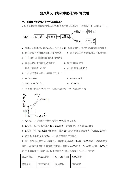鲁教版化学九年级下册第八单元《海水中的化学》测试题(含答案)