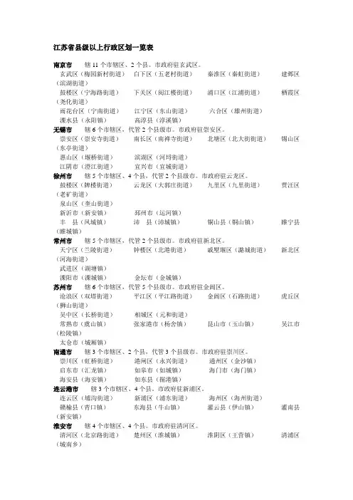 江苏省县级以上行政区划一览表
