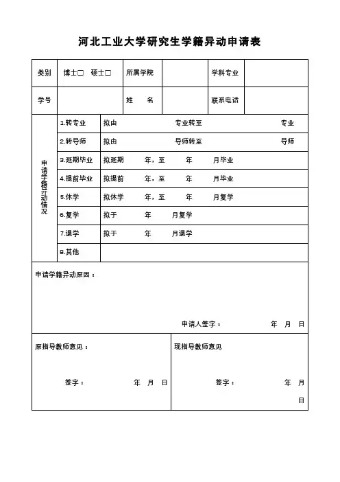 河北工业大学研究生学籍异动申请表【模板】