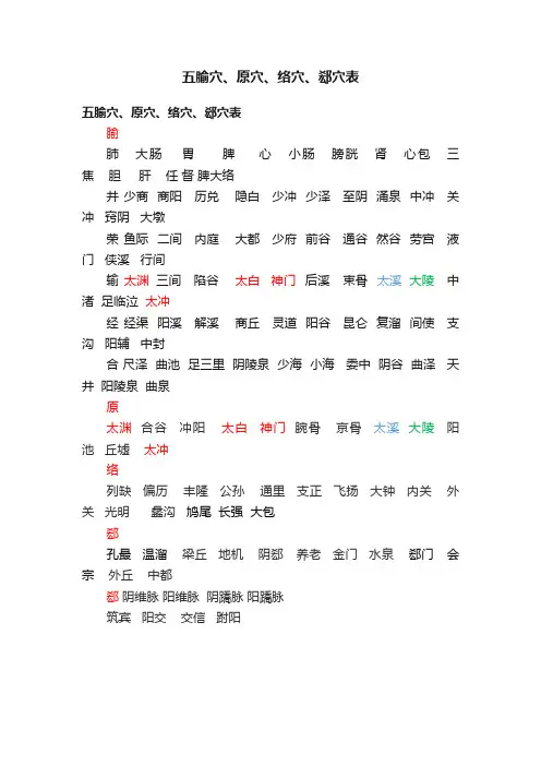 五腧穴、原穴、络穴、郄穴表