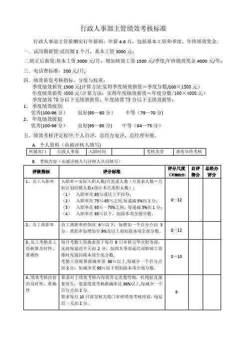 行政人事部主管绩效考核标准