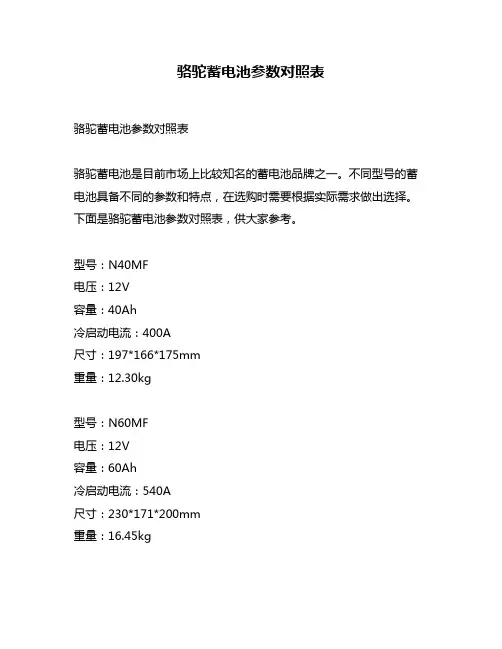 骆驼蓄电池参数对照表