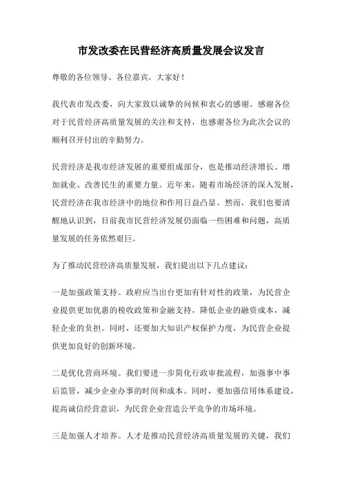 市发改委在民营经济高质量发展会议发言