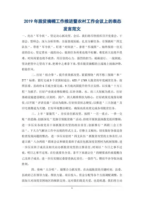 2019年脱贫摘帽工作推进暨农村工作会议上的表态发言范文