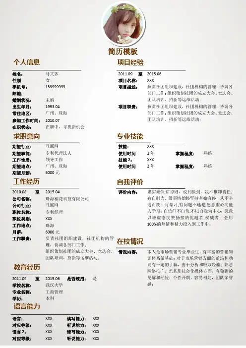 专利代理法人个人简历模板