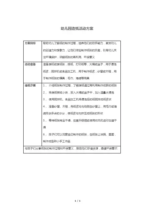 幼儿园造纸活动方案