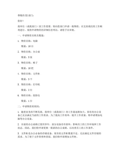 申请物资的申请书格式模板