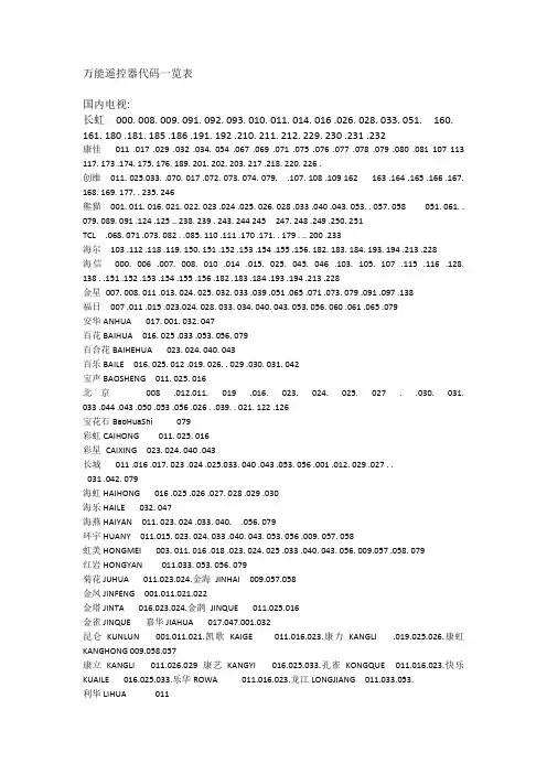 万能遥控器代码一览表