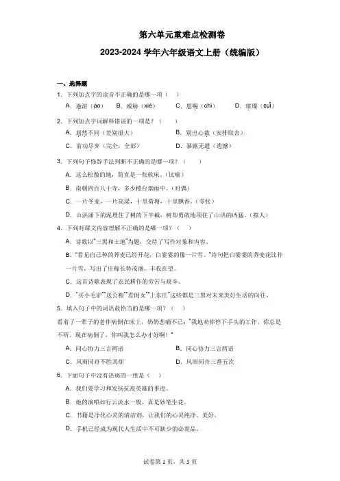 2023-2024学年六年级语文上册第六单元重难点检测卷(统编版,含答案,含解析)