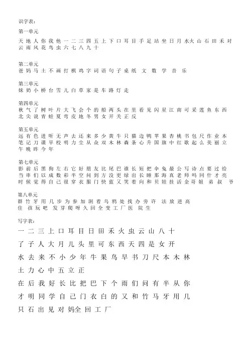 部编一年级语文上册识字表和写字表(不加拼音)