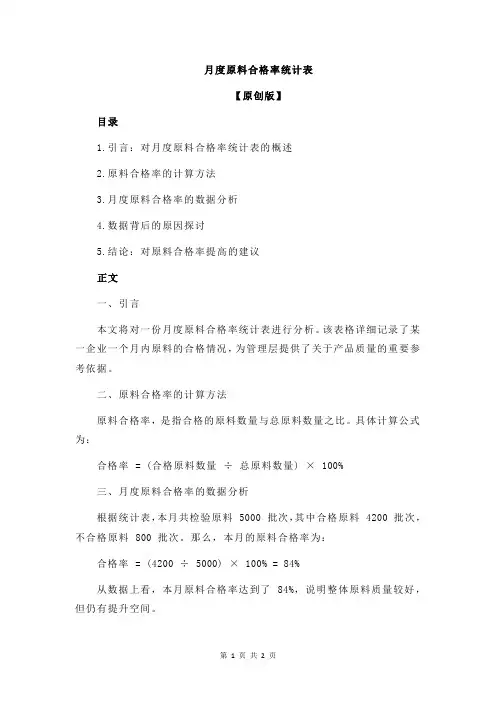 月度原料合格率统计表